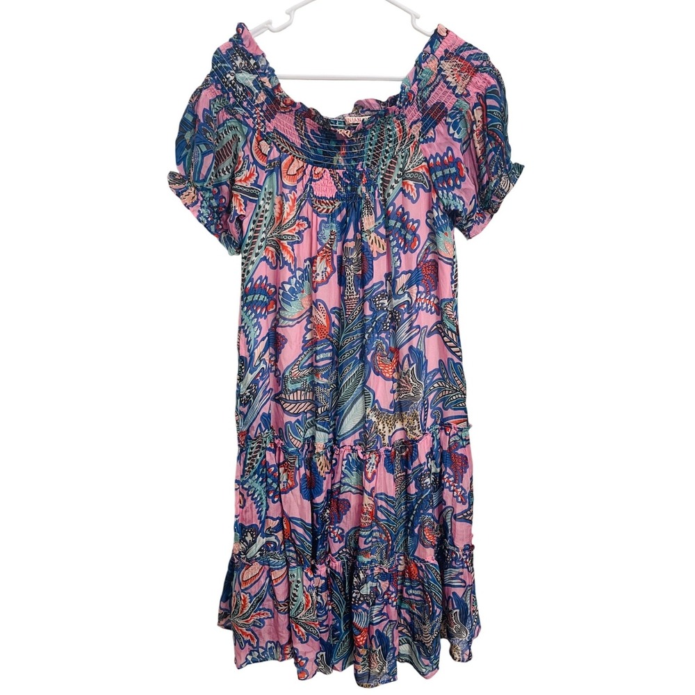 Banjanan Hope 100% Silk Floral Tropical Jaguar Smocked Tiered Midi Dress Size M